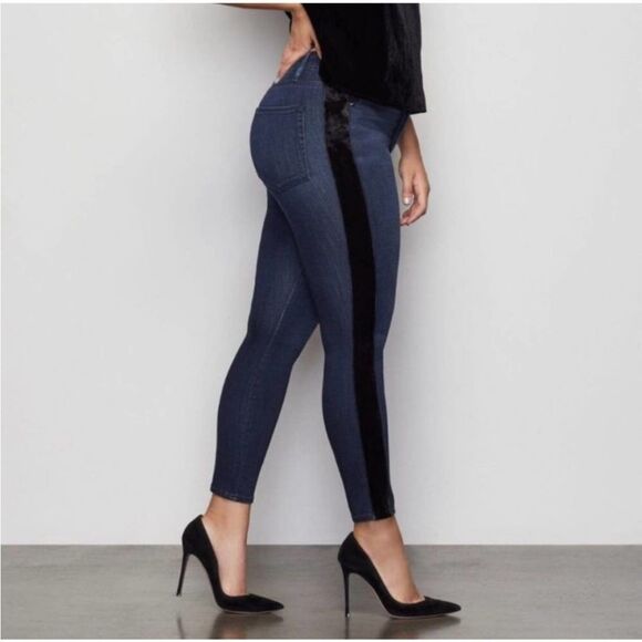 Good American blue black velvet striped good waist jeans SZ 0/25 tuxedo stripe - Picture 2 of 10